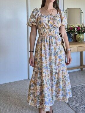 Floral Puff-Sleeve Midi Milkmaid Dress in Pastel Multi